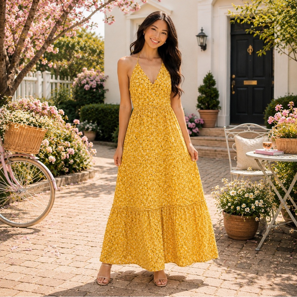 Abercrombie & Fitch Halter Maxi Yellow Floral Dress Tiered Babydoll Romantic XSP